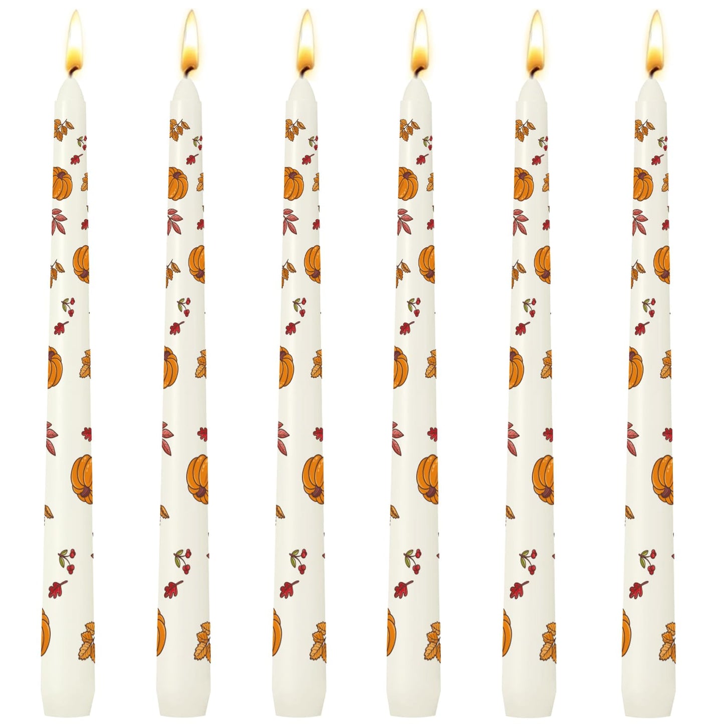 6 Pack Printed Taper Candle Set for Home Decoration, 10 Inch Ivory Candlesticks with Pumpkin and Yellow Leaves Pattern for Dinner Holiday Seasonal Celebration, Dripless and Smokeless Candle