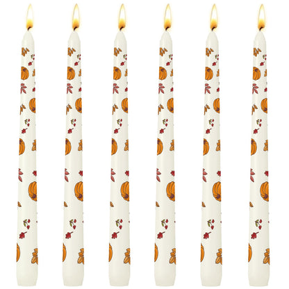 6 Pack Printed Taper Candle Set for Home Decoration, 10 Inch Ivory Candlesticks with Pumpkin and Yellow Leaves Pattern for Dinner Holiday Seasonal Celebration, Dripless and Smokeless Candle