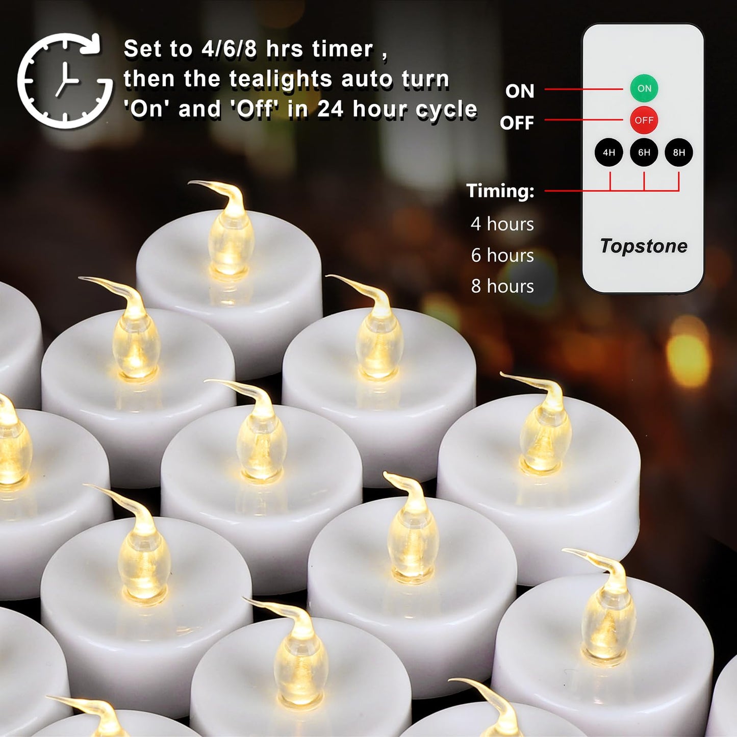 Topstone Flameless LED Candles with Remote Control - Warm White Flickering Battery Operated Candles, 400+ Hours,Timer Function, 4H/6H/8H Auto-Off,Electronic Tea Candles for Home Decor, Wedding, Party