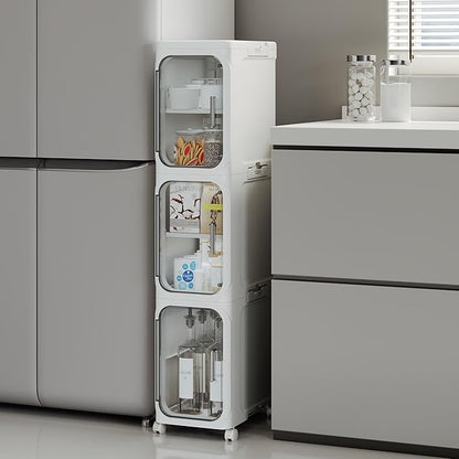 3-Tier Slim Bathroom Narrow Storage Cabinet with Wheels, White | Tool Free Assembly, Adjustable shelves, Lockable Wheels, Magnetic Clear Door, Fits for Narrow Spaces