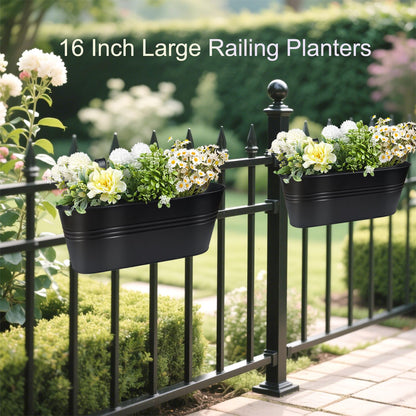Venyat 16 Inch 4 PCS Metal Hanging Flower Pots for Railing Fence, Large Railing Planters for Outdoor Plants, Fence Hanging Planters with Detachable Hooks for Garden Balcony