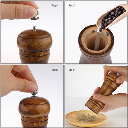 Pepper Mill - 5 inch Pepper Grinder Pepper Grinder Refillable Oak Salt and Pepper Grinder Set Sea Salt Grinder Ceramic Pepper Mill Grinder Adjustable Coarse to Fine pepper Grinder Mill (2Pack)