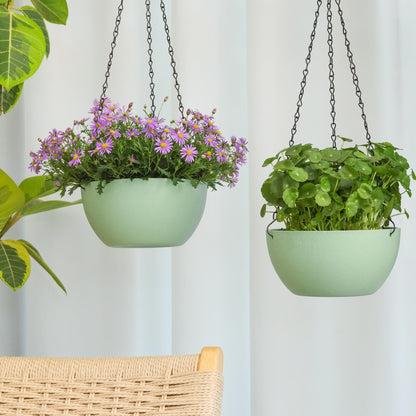 T4U 8 Inch Hanging Planter for Indoor Plants, 2 Pack Small Pots with Drainage Holes, Flower Basket Plant Holder for Home, Green