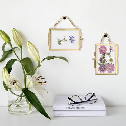 4Pcs Double Glass Frame for Pressed Flowers, 2x3 inch Picture Frame Mini Brass Wall Hanging Photo Floating Frame with Chain for Plant Specimen Artwork Display Home Wall Decor (Gold, Horizontal)