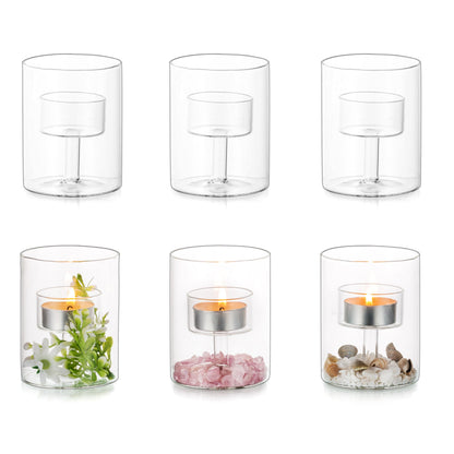 Glasseam Glass Tealight Candle Holder: Small Hurricane Cylinder Votive Holder Set of 6 Modern Table Centerpiece Wedding Christmas Party Decorations, 3.15