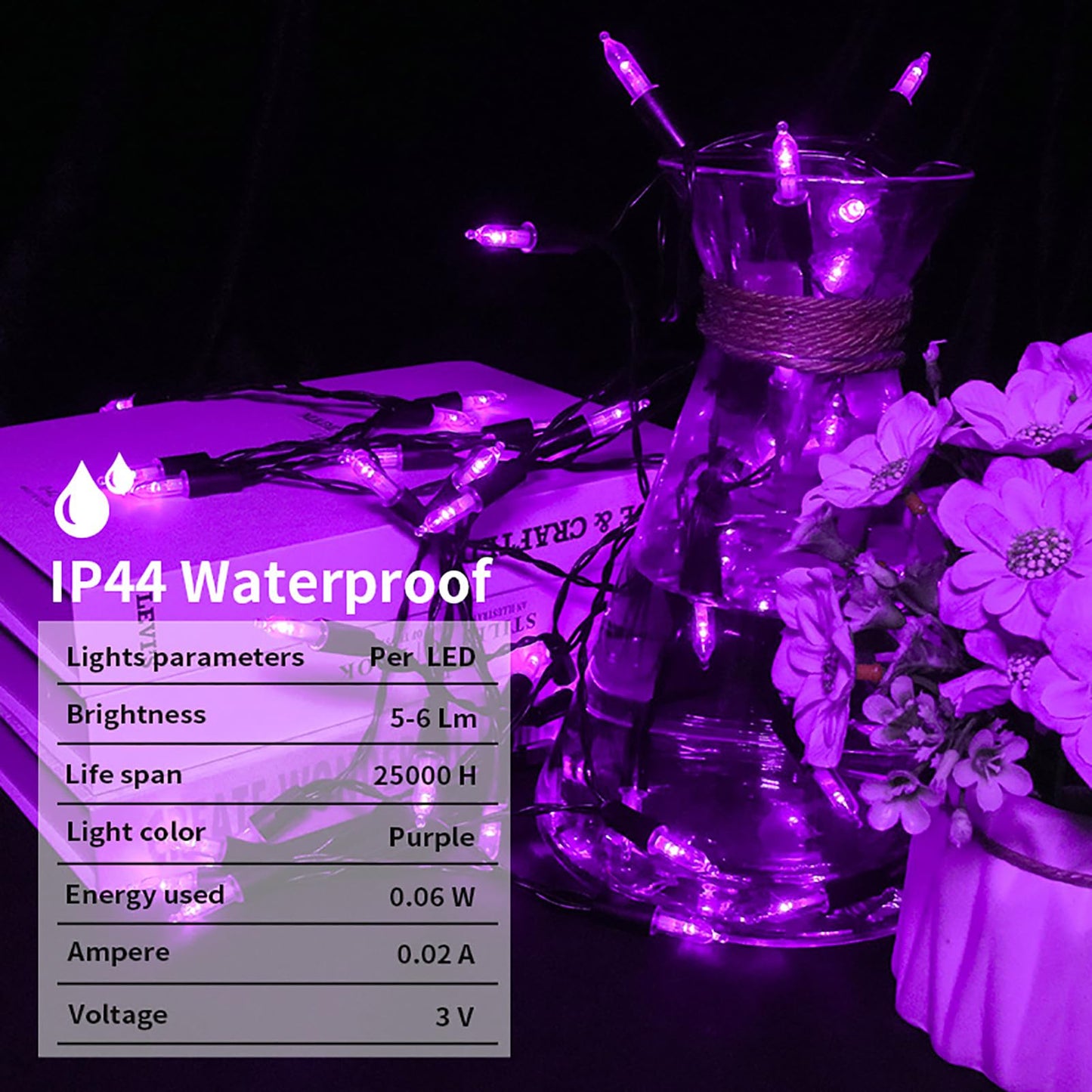 MULTI-SPARKING Battery Operated Halloween Lights 16ft 50 LED Mini String Lights for Small Tree, Wreath, Crafts, Indoor/Outdoor Halloween Decor, 8 Modes & Memory Function, Black Wire-Purple
