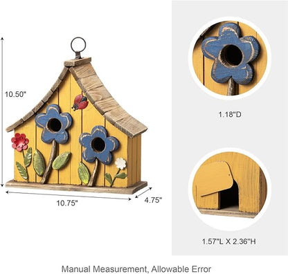 Glitzhome Bird Houses for Outside, 10.75" L Distressed Solid Wood Hanging Birdhouse with 3D Flowers Rustic Two-Story Townhouse Hand-Painted Garden Bird Houses for Outdoors,Washed Yellow