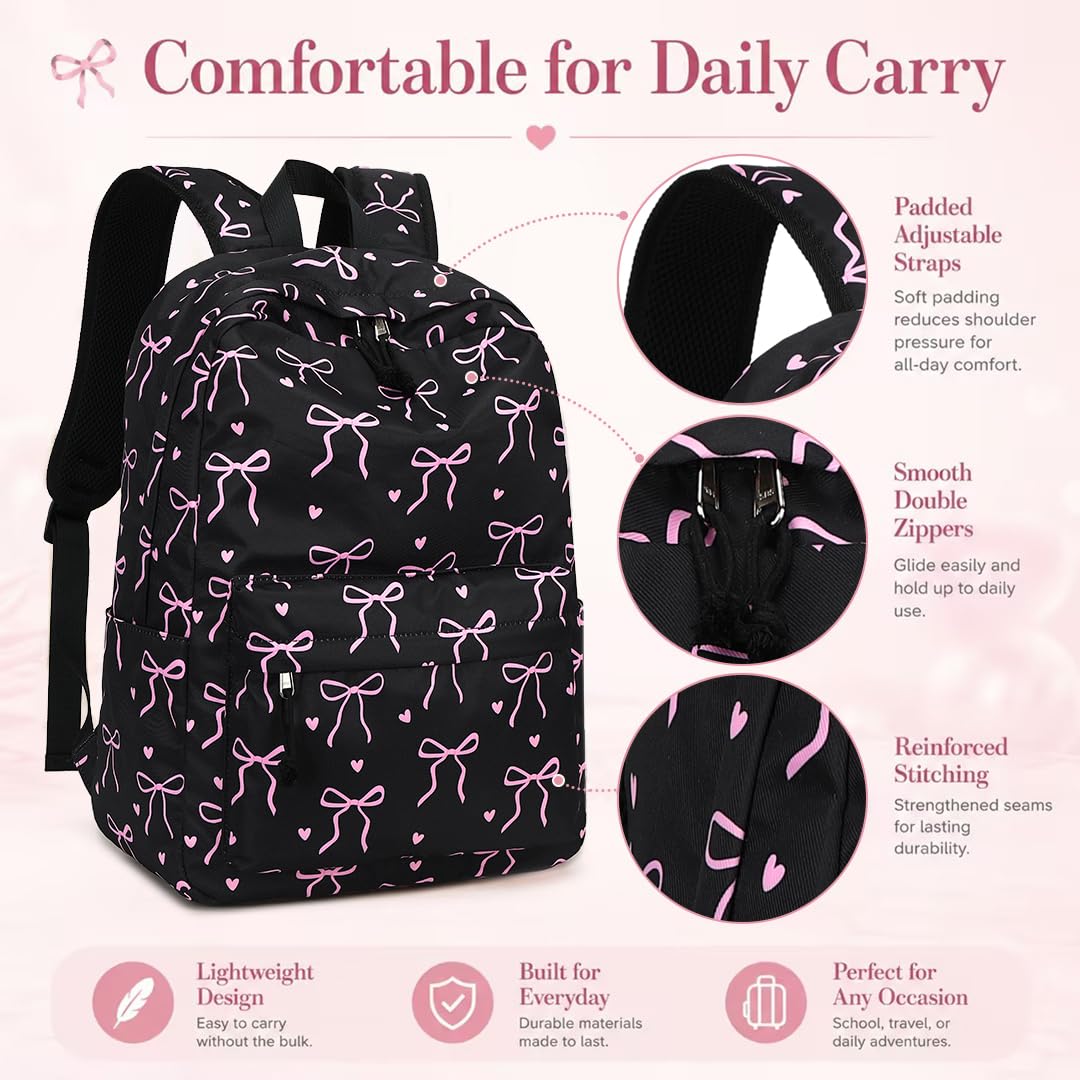 LOIDOU Backpack for Teen Girls Bookbags School Backpack with Lunch Box and Pencil Case 3 in 1 School Bags Set (Black Bow-Tie)