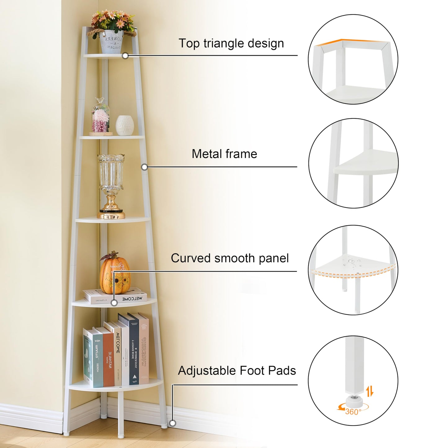 Hoctieon Corner Shelf, 5-Tier Corner Bookshelf, Rustic Ladder Shelf, Industrial Display Stand for Living Room, Kitchen, Home Office, Balcony, Small Space, Metal Frame, White