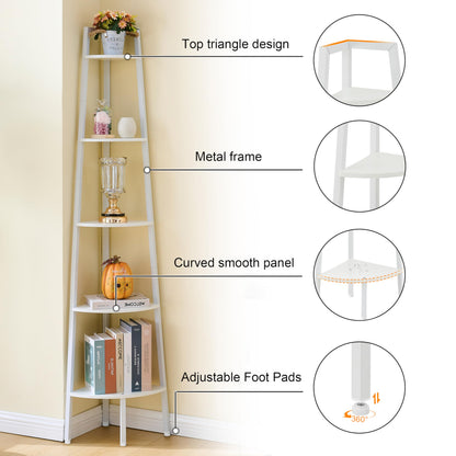 Hoctieon Corner Shelf, 5-Tier Corner Bookshelf, Rustic Ladder Shelf, Industrial Display Stand for Living Room, Kitchen, Home Office, Balcony, Small Space, Metal Frame, White
