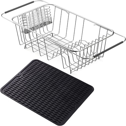 NiuYichee Stainless Steel Dish Drying Rack(14.2"L x 9.5"W x 4.1"H), Expandable Fruit & Vegetable Drain Rack over Sink, Dish Drainer Rack in Sink, with Stainless Steel Utensil Holder & 16" Silicone Mat