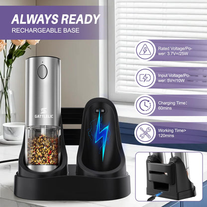 Electric Salt and Pepper Grinder Set, Automatic Pepper Mill Grinder w/Upgraded Charge Base and LED Light,Adjustable Coarseness,Rechargeable Black Peppercorn & Sea Salt Spice Mill Set
