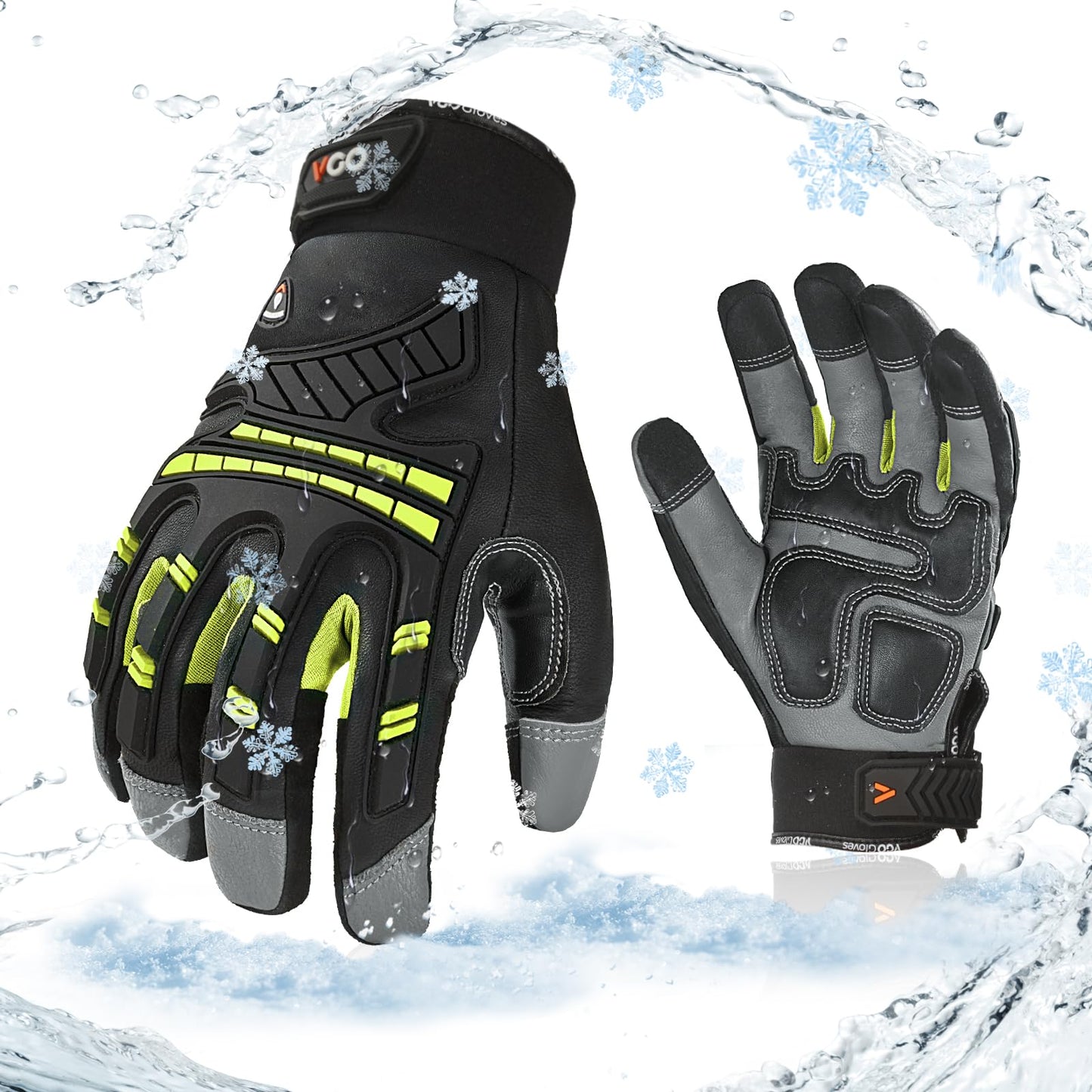 Vgo... -4℉ or above Winter Waterproof High Dexterity Heavy Duty Mechanic Glove, Anti-vibration, Anti-abrasion, Touchscreen (1 Pair,L,Green,GA8954FW)