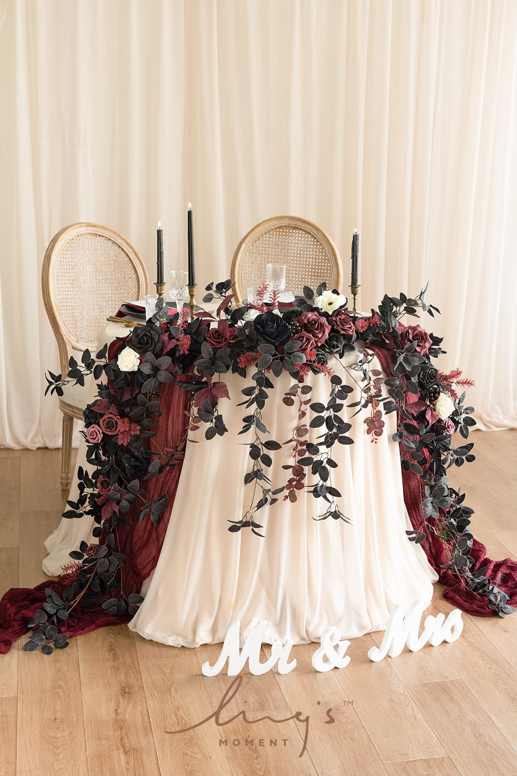 Ling's moment 9FT Eucalyptus & Willow Leaf Garland with White Flower, Handcrafted Wedding Sweetheart Table Centerpieces Head Table Decor Arch Backdrop Decorations for Wedding | Black & Burgundy