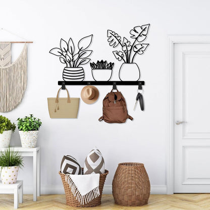 Metal Planter Coat Rack, Rustic Vase Wall Mounted, Botanical Flower Wall Mounted, Flower Key Hat Clothes Hooks, Nature Home Decor (Black, 29"x48"|74x121cm)