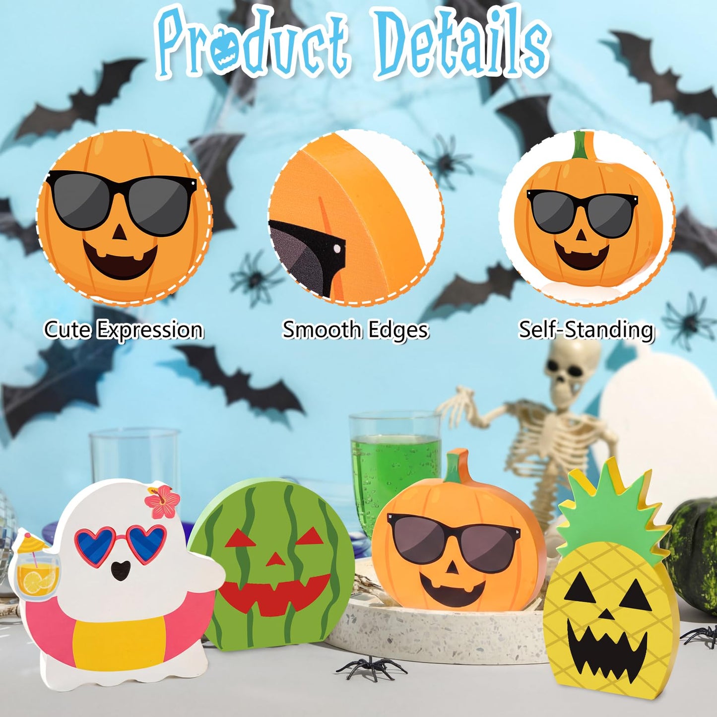 Kathfly 4 Pcs Summer Tiered Tray Decor Tropical Wooden Table Signs Spring Hawaii Ghost Pumpkin Watermelon Pineapple Decorative Trays for Halloween in Summer Shelf Desk Display Party Gifts