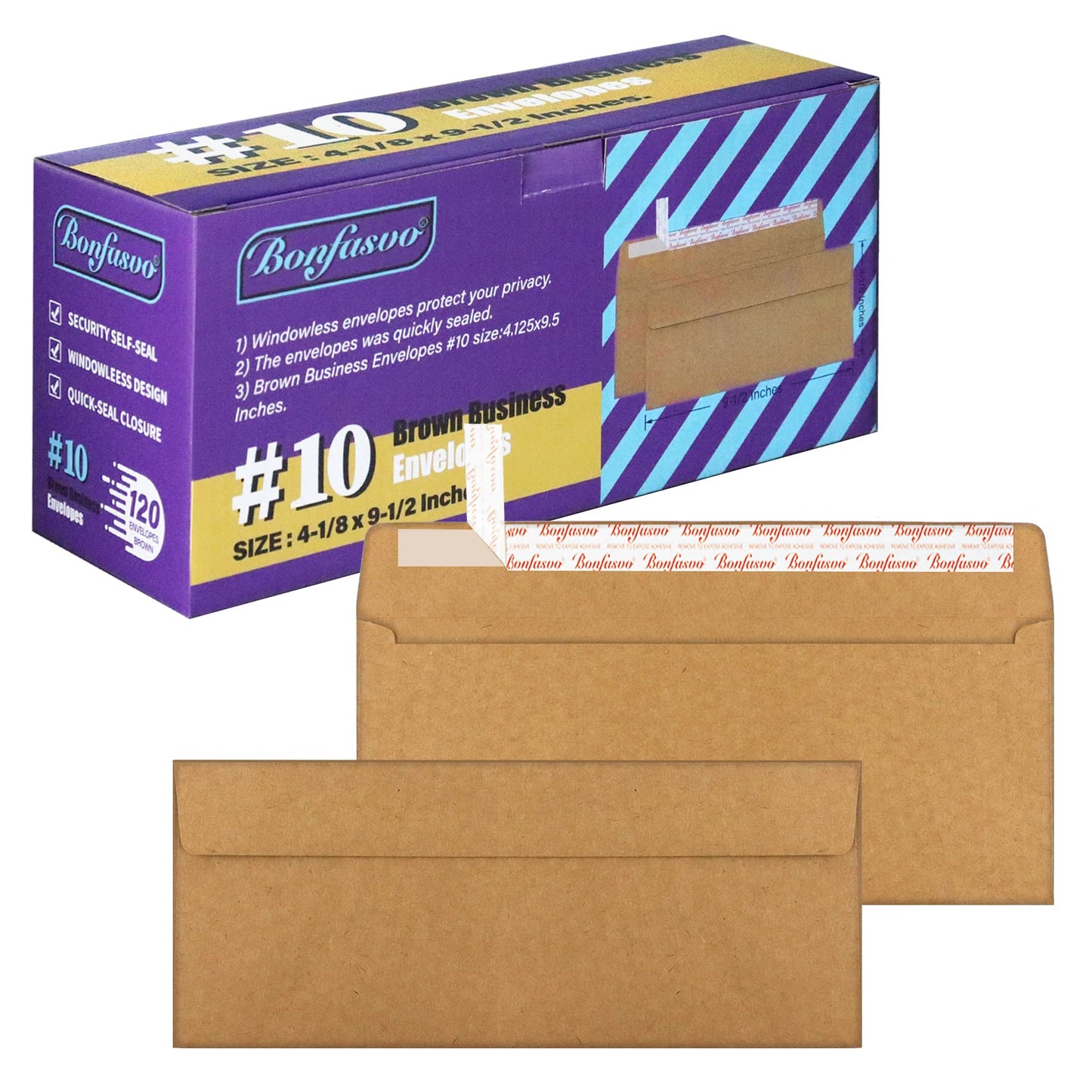 Bonfasvo 120 Pack #10 Brown Kraft Security Envelopes 4-1/8 x 9-1/2 inches Self Seal