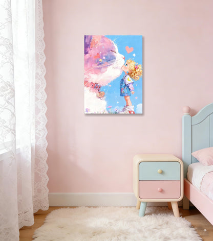 16x24 Giant Pink Cat Kissing Little Girl Canvas Wall Art - Cute Whimsical Kids Kawaii Room Decor, Pastel Dreamy Nursery Wall Poster, Cartoon Framed Animal Artwork for Bedroom Bathroom Living Room