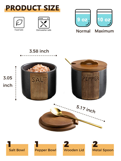YHOJOY Salt and Pepper Bowl, Ceramic Salt Containers for Countertop, Salt and Pepper Cellar with Lid and Spoons