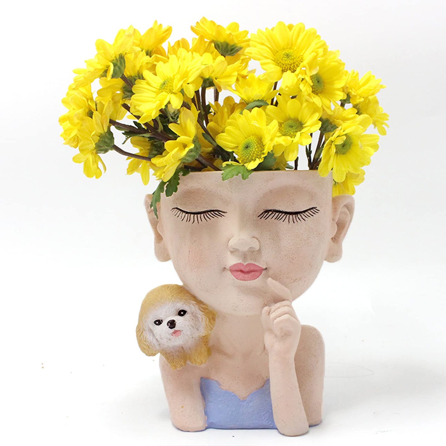 KOCNYDEY Face Flower Pot Cute Girl and Dog Planter Resin Lady face Head Planter Pot Closed Eyes Planter Pot with Drainage Hole Succulent Planter Pot for Plants Flower Cactus Garden Indoor Outdoor