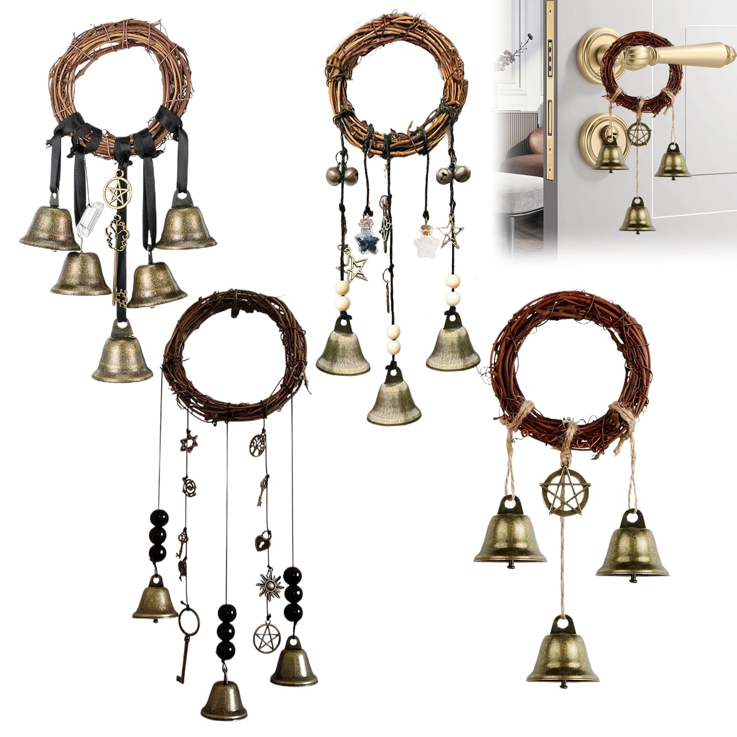 4 Pcs Witch Bells Protection Door Knob Hanger Witch Wind Chime, 3.1 Inch Wreath Handmade Door Hanger Bell for Clear Negative Energy Witchcraft,Home Door Doorknob Witchcraft Decor Supplies(Round Bell)