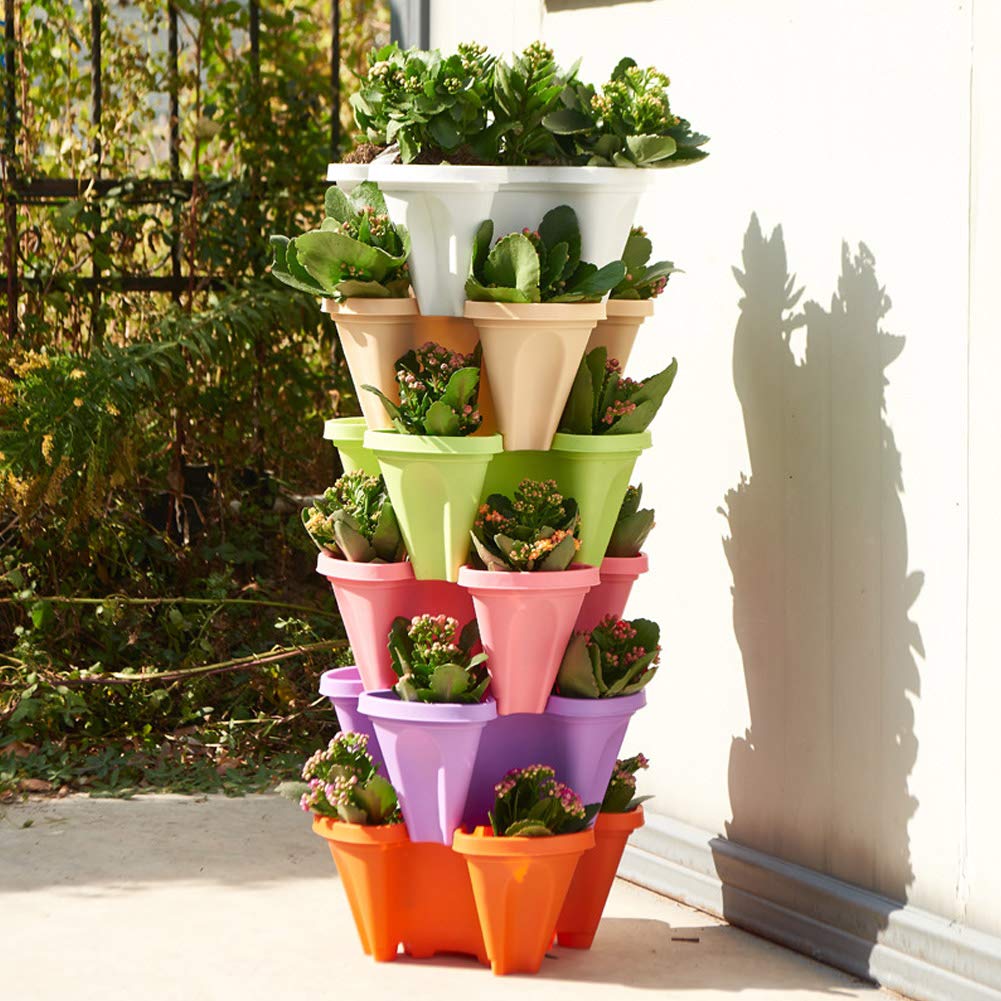 MTICYL Vertical Planter 5 Tiered,Stackable Planters for Strawberry Herb Flower and Vegetable Stacking Garden Tower Gardening Pots with Removable Wheels and Bottom Indoor Outdoor