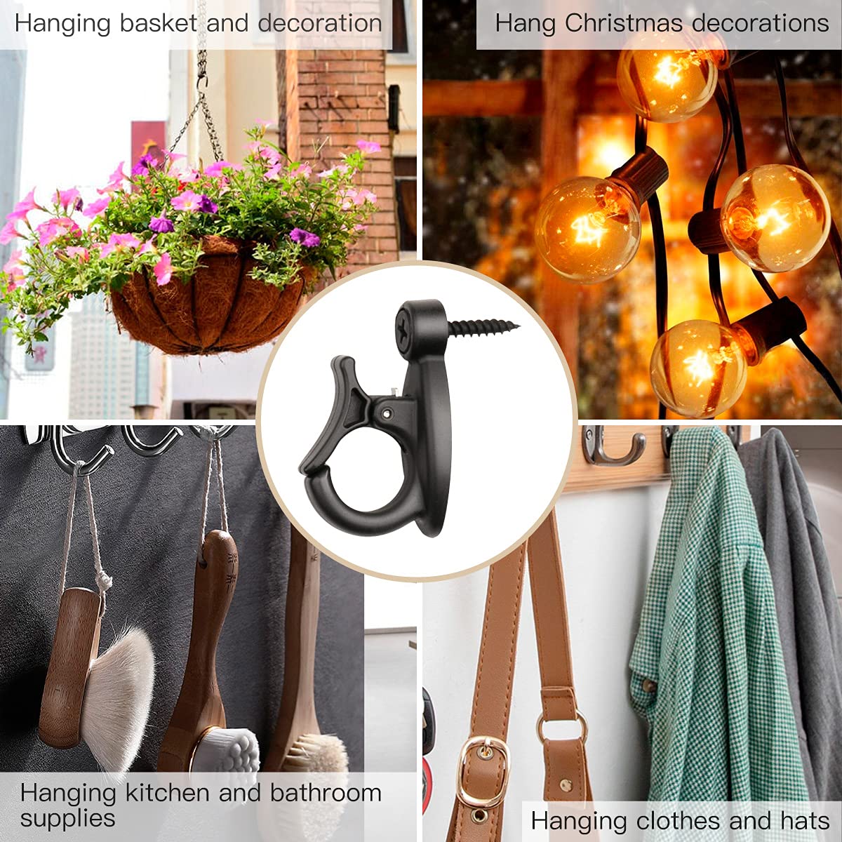 GEZIDEA Light Hanger Hooks,String Light Hooks,Screw-in Hooks for Hanging String Lights and Wire,Plants,Wind Chimes,Plastic,Black,20 Pack