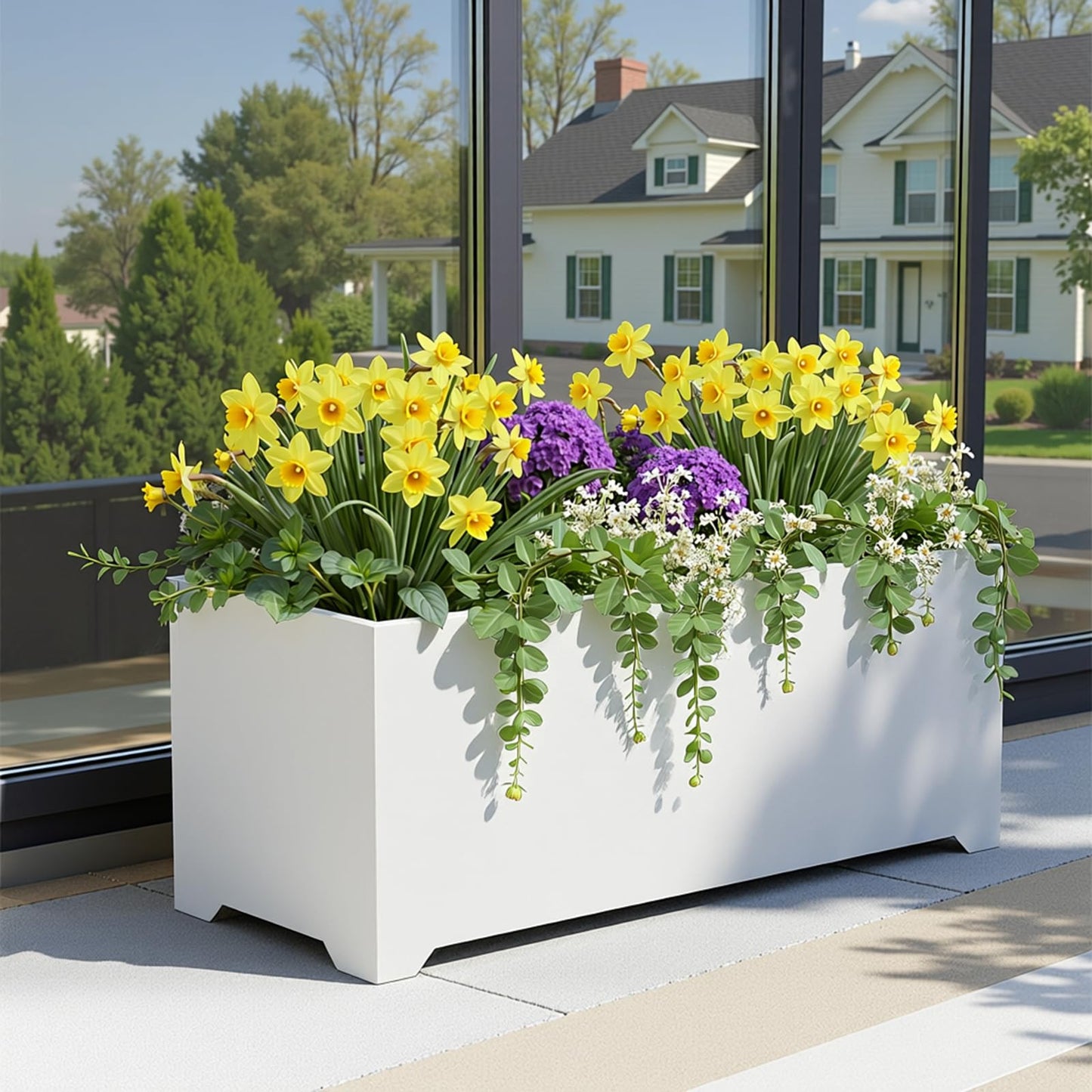 36" White Rectangular Planter, 36x15x15 Inch Large Metal Flower Box with 6 Drainage Holes, Raised Bottom, Galvanized Outdoor Planter for Patio Garden Deck, Heavy Duty Planter for Vegetables Shrubs