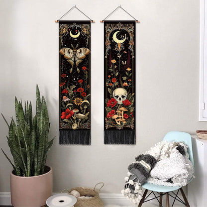 ARTCREATOR Pack of 2 Witchy Gothic Wall Bedroom Decor Moth Moon Tapestry Skull Mushroom Vertical Tapestries Retro Floral Flowers Tapestries for Bedroom Aesthetic Alt Room (12.8 x 51.2 inches)