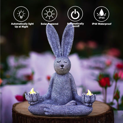Goodeco Zen Rabbit Statue with Solar Lotus - Garden Yoga Bunny with LED Solar Lotus Lights, Sitting Meditating Buddha Rabbit Serene Resin Figurine for Patio Yard Lawn Ornaments, Home or Outside