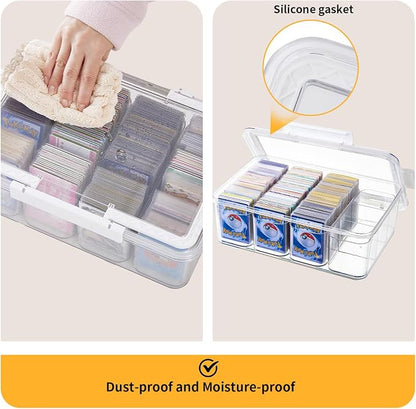 Portable Card storage box with 12 Removable Containers,Storage Box with lid for 2000+ Cards Fits for Standard Cards, TCG, PTG and Sport Cards, with 10 Soft Sleeves(clear,1pack)