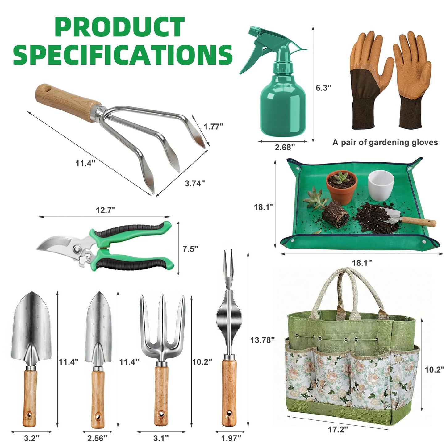 NOEAIKE Gardening Tools 10 Pack Heavy Duty Rust-Proof Garden Tool Set with Organizer Tote Bag,Sturdy Repotting Mat,Gardening Gifts for Women Mom(Green)