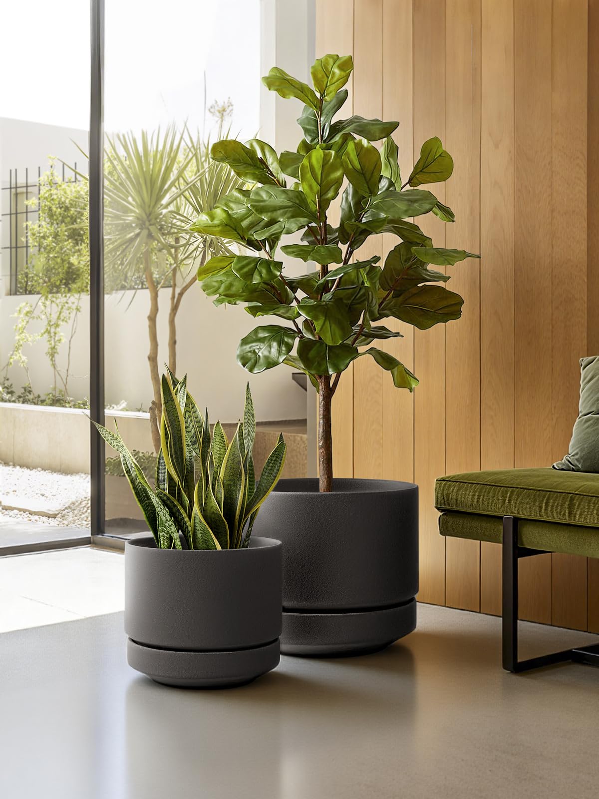 LE TAUCI 12 Inch Pot for Plants with Saucer, Ceramic Indoor Planter Pot with Drainage Hole, Mesh Pad Included, Unglazed Porous Ceramic, Modern for Home and Office, Charcoal Gray