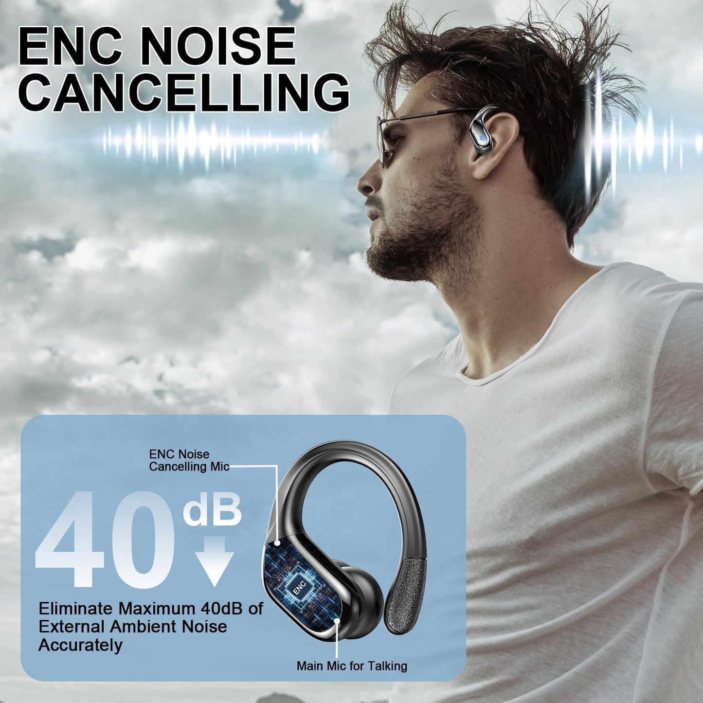Wireless Earbuds, Sport Bluetooth 5.4 Headphones 2026 New Bluetooth Earbuds with 75Hrs Stereo, 4 ENC Mic, Noise Canceling Over-Ear Buds with Earhooks, IP7 Waterproof Earphones for Workout/Running/Gym