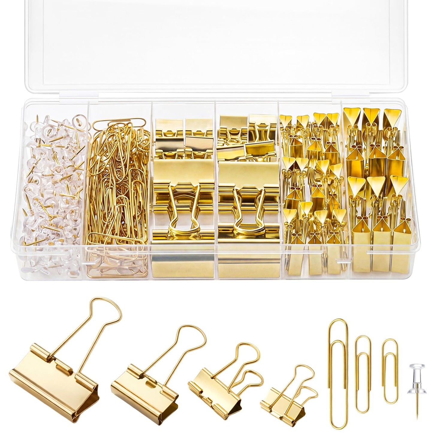 BESARME Gold Paper Clips and Binder Clips Set, 279 Pcs Gold Desk Accessories Assorted Office Essentials in Organizer Box for Office School Home Paper Sorting Note Pinning