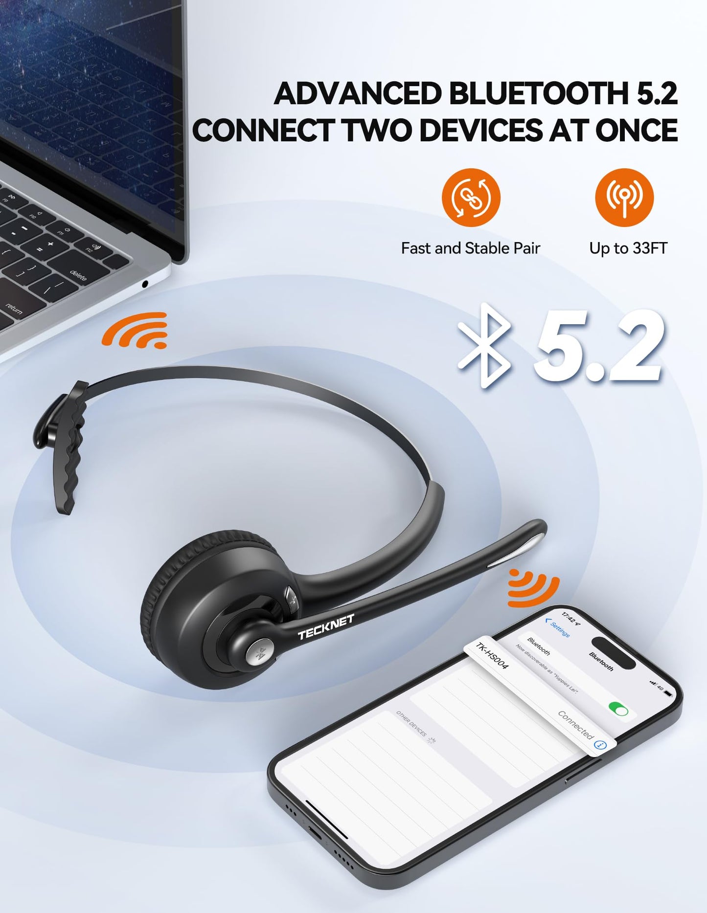 TECKNET Wireless Headset, Bluetooth Headphones with Noise Cancelling Microphone for Trucker, Hand Free Wireless Headset with Mute Mic