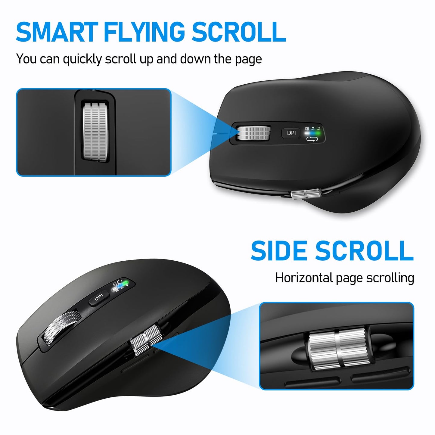 Wireless Side Scroll Mouse with Multi-Device, Ergonomic Computer Mice with Smart Flying Scroll, Quiet Click for Computer, Laptop, iPad, Tablet, MacBook (Grey)
