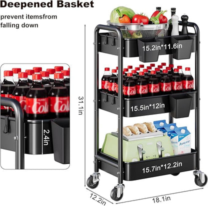 3 Tier Rolling Cart on Wheels, Metal Utility Storage Cart with Wheels, Three Tiered Craft Carts Organizer with Hanging Cups, Hooks, Mesh Basket for Bedside, Kitchen, Bathroom, Office, Art, Snack,Black