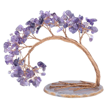 TUMBEELLUWA Reiki Crystal Money Tree with Agate Slice Base Feng Shui Stone Bonsai Tree Figure Decor for Happiness Good Luck and Wealth, Amethyst Stones