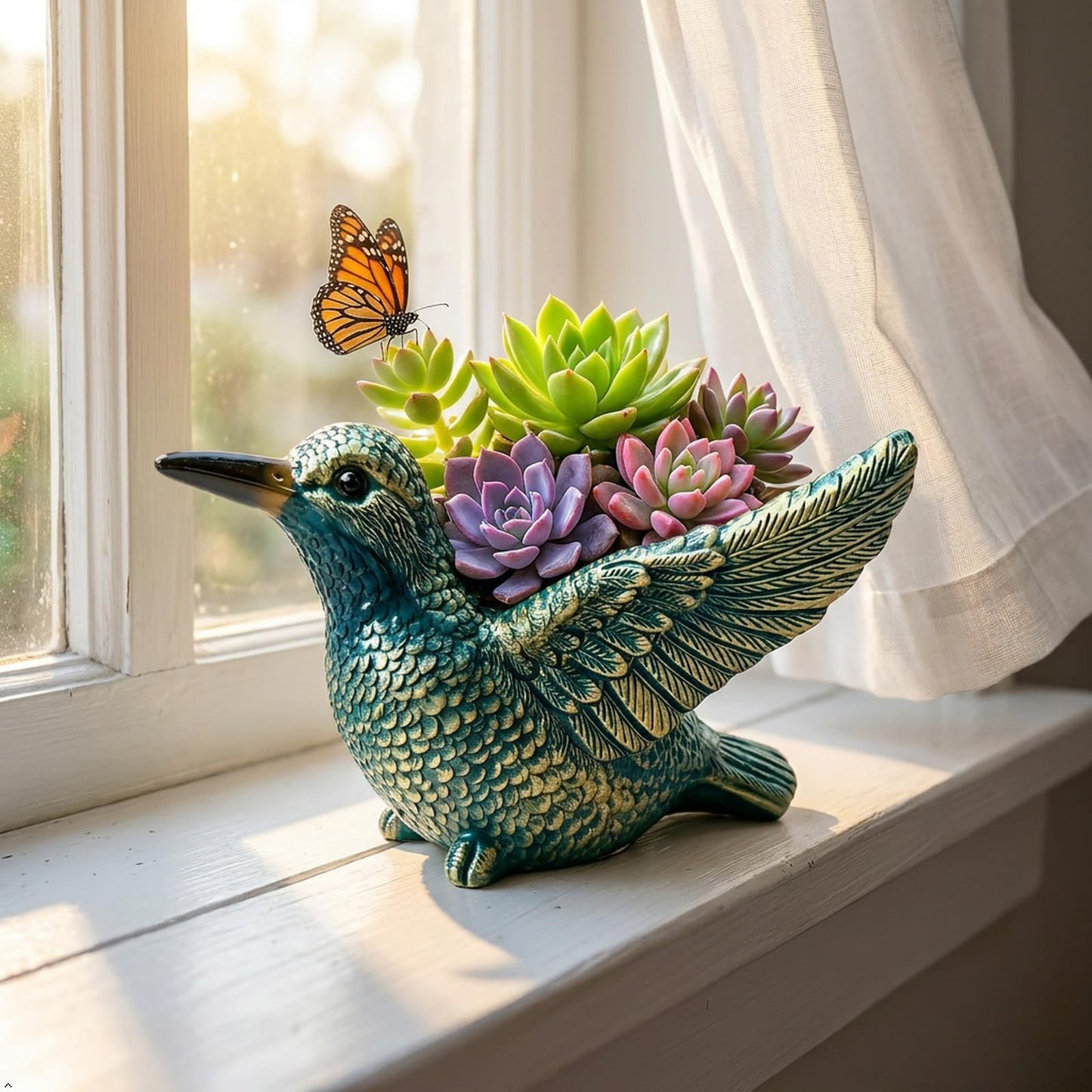 Bird-Shaped Succulent Flower Pot, Resin Decorative Flower Pot, Cute Animal Plant Pot for Indoor Outdoor Plants, Garden Desk Windowsill Decor, Unique Gift for Fowl Lovers (Hummingbird)