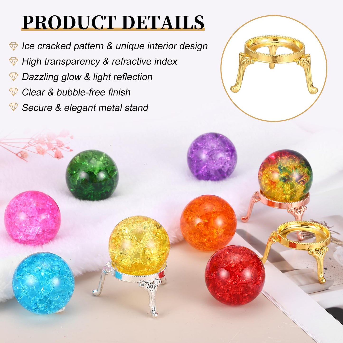 PATIKIL Crystal Ball 40mm, Ice Cracked Glass Ball with Metal Stand, Decorative Crystal Sphere Glass Paperweight for Home Wedding Office Party Table Decor Ornaments, Dark Blue/Gold
