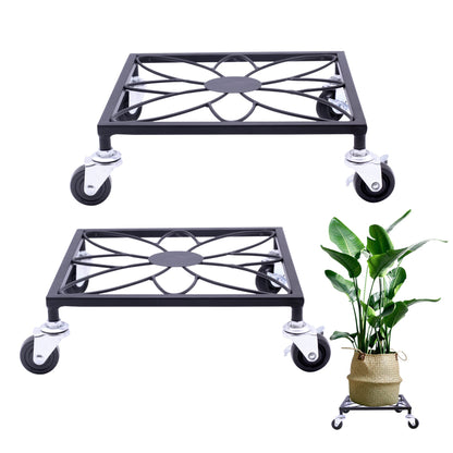 OFILLES 2pcs Black Metal Plant Stand with Wheels, Square Pattern Plant Caddy, Heavy Duty Plant Pot Stand for Indoor Outdoor