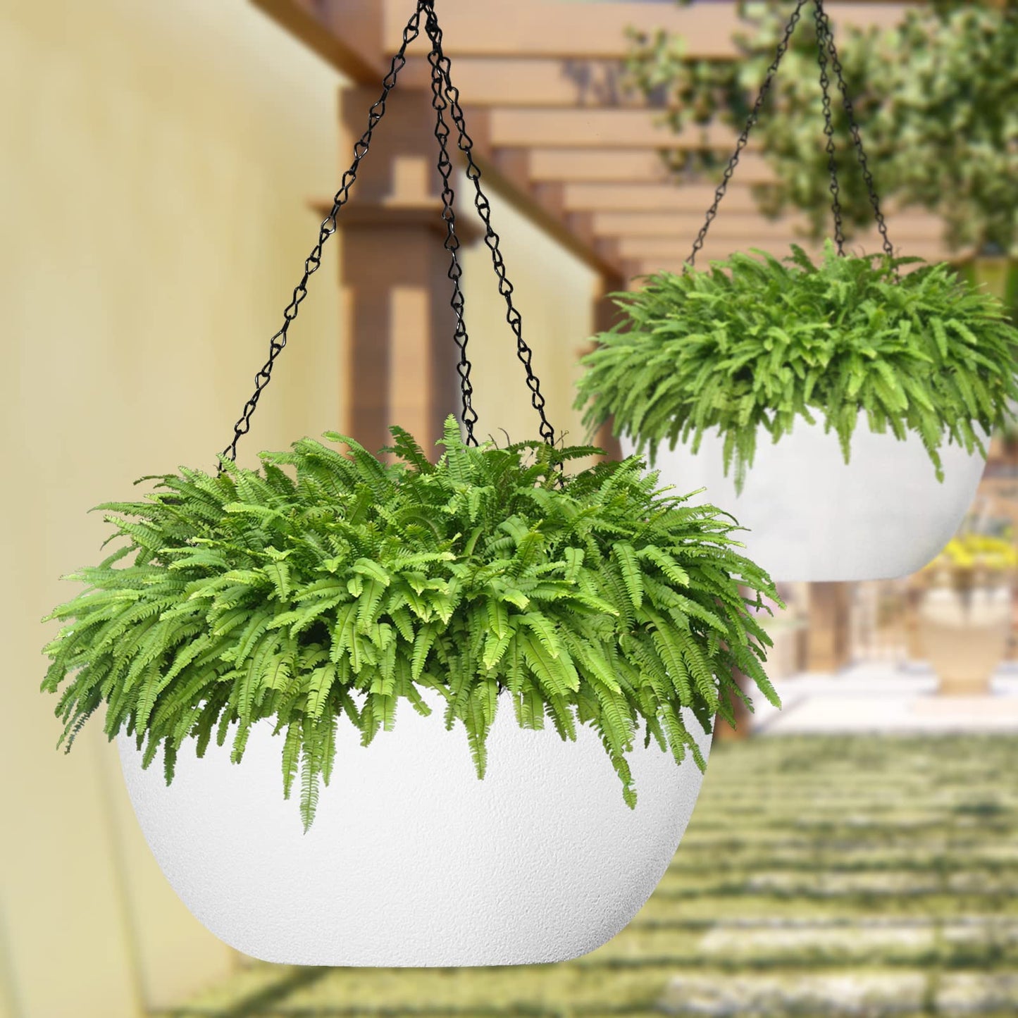 WOUSIWER 13 inch 2Pack Large Hanging Planters for Outdoor Indoor Plants with Drainage Holes and Chain, Round Hanging Flower Pots for Garden Home Porch Decor, White