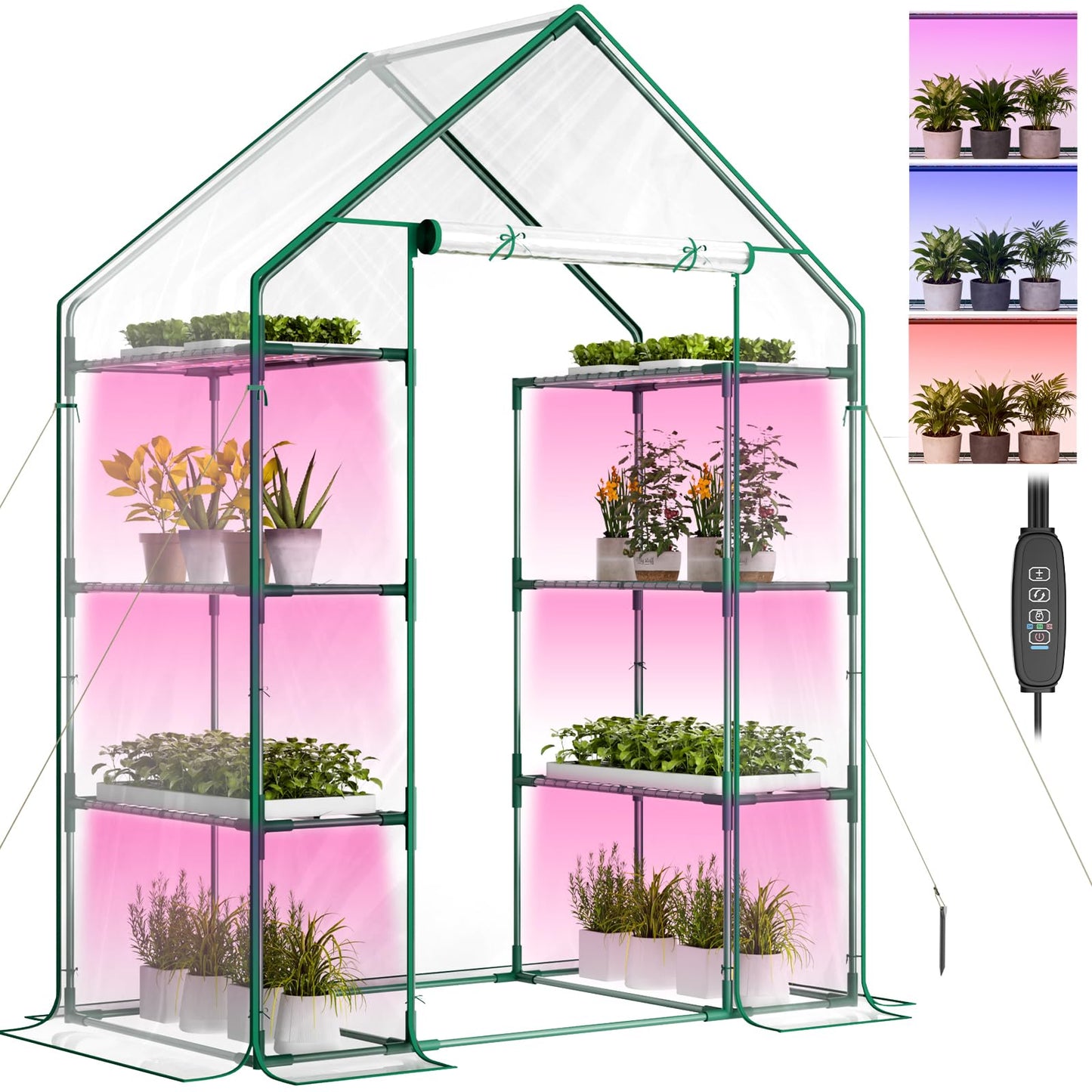 Indoor Greenhouse with Grow Light, 4-Tier 56.3"x28.7"x76.8" Mini Greenhouse with Roll-Up Zippered PVC Cover for Seed Starting Trays, Dimmable Grow Light Shelf for Indoor Plants with Timer