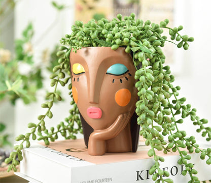 Saysmile Face Planter Pots for Indoor Plants, Resin Head Planter Succulent Planter Flower Planter Cute Girl Head Pots with Drainage Hole - Painted Thinking Girl Closed Eyes