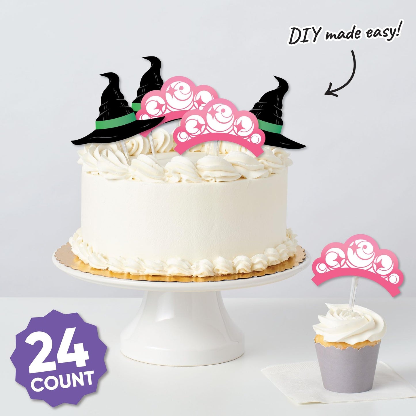Big Dot of Happiness Witch Small Paper Cutouts, DIY Good Pink and Green Birthday or Witch Halloween Party Decor Craft for Girls, Green Witch Hat & Pink Crown Shaped Cut-Outs - 24 Ct