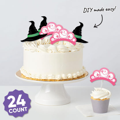 Big Dot of Happiness Witch Small Paper Cutouts, DIY Good Pink and Green Birthday or Witch Halloween Party Decor Craft for Girls, Green Witch Hat & Pink Crown Shaped Cut-Outs - 24 Ct