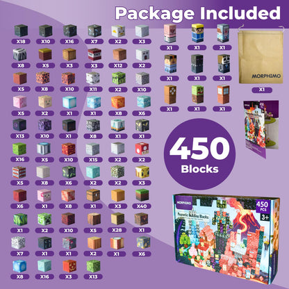 MORPHIMO 450 PCS Magnetic Building Blocks Set - Big STEM & Sensory Toy for Kids - Stacking Magnets - Instruction Book & Fabric Storage Bag - Shared Play Toy for Siblings & Friends