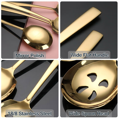 Large Serving Spoons Set Stainless Steel 12 Inch Slotted Spoon and Serving Spoon Serving Utensils for Buffet Catering Dishwasher Safe(1 Spoons, 1 Slotted,Gold)
