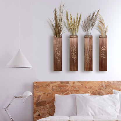 BOTOP 4 Pack Wood Indoor Wall Planter, Modern Boho Wall Decor for Living Room Bedroom, Farmhouse Pocket Vases for Dried Flowers and Faux Greenery Plants - Brown